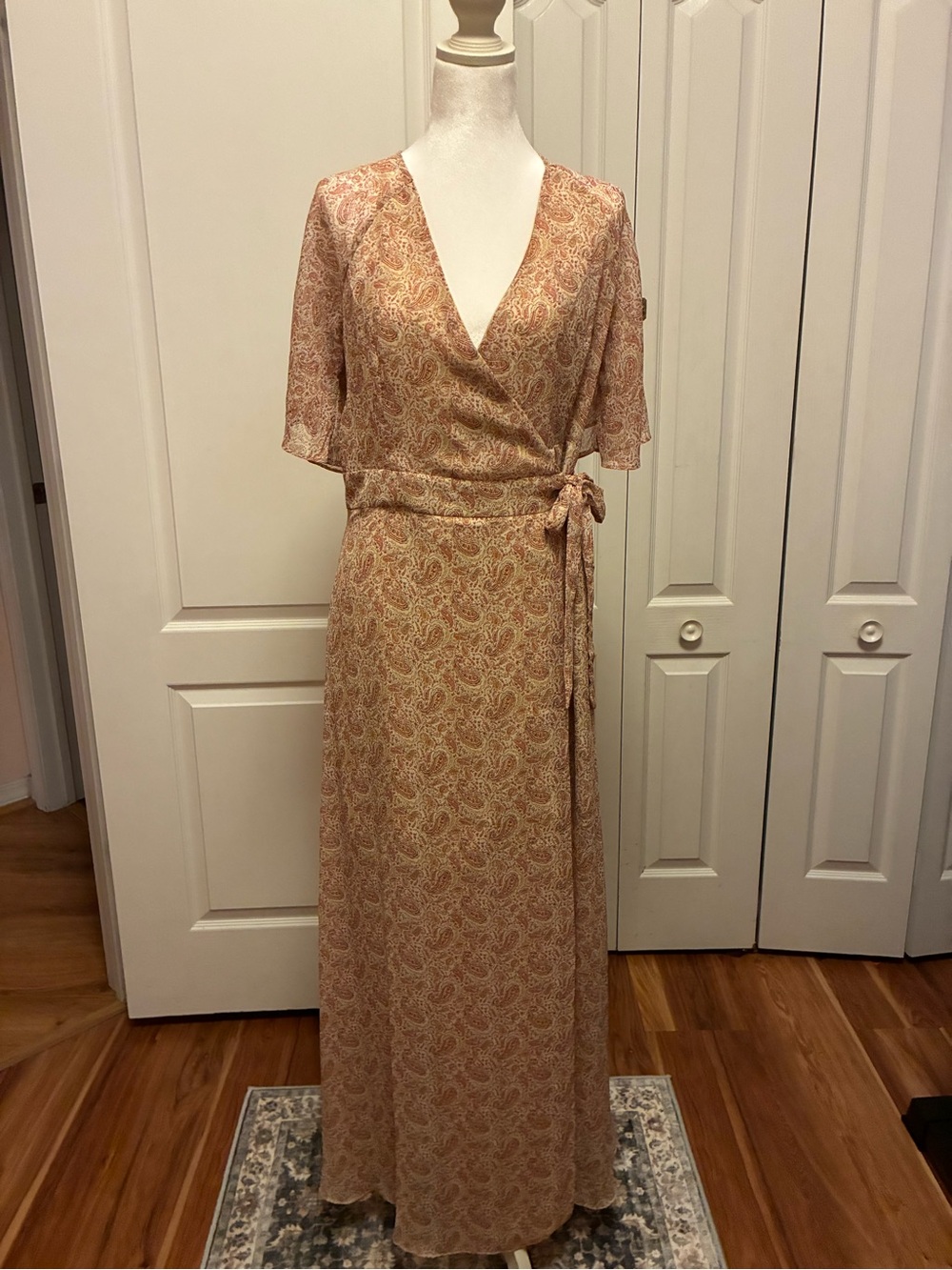 Soft Pink Paisley Wrap Maxi Dress with Tie Waist